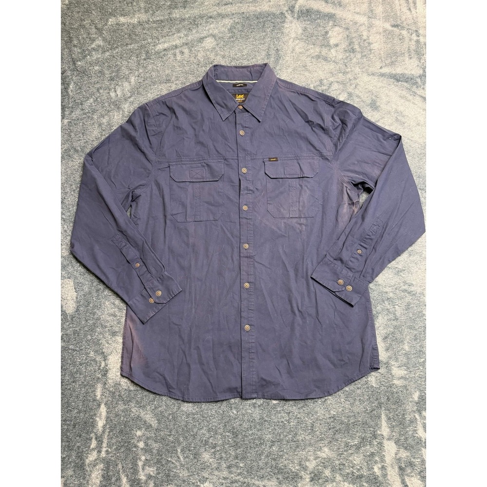 Lee Mens Premium Select Blue Solid Long Sleeve Button Up Shirt Classic Fit L